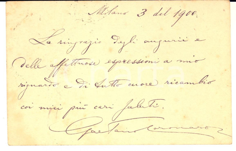 1900 MILANO Gaetano CORONARO direttore d'orchestra - Cartolina postale AUTOGRAFA