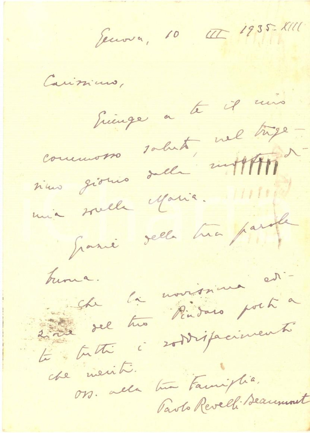 1935 GENOVA Cartolina Paolo REVELLI BEAUMONT per condoglianze - AUTOGRAFO