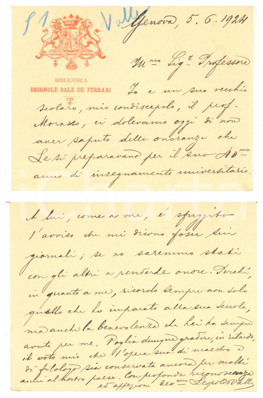 1924 GENOVA Biblioteca BRIGNOLE - Leopoldo VALLE a un accademico - AUTOGRAFO