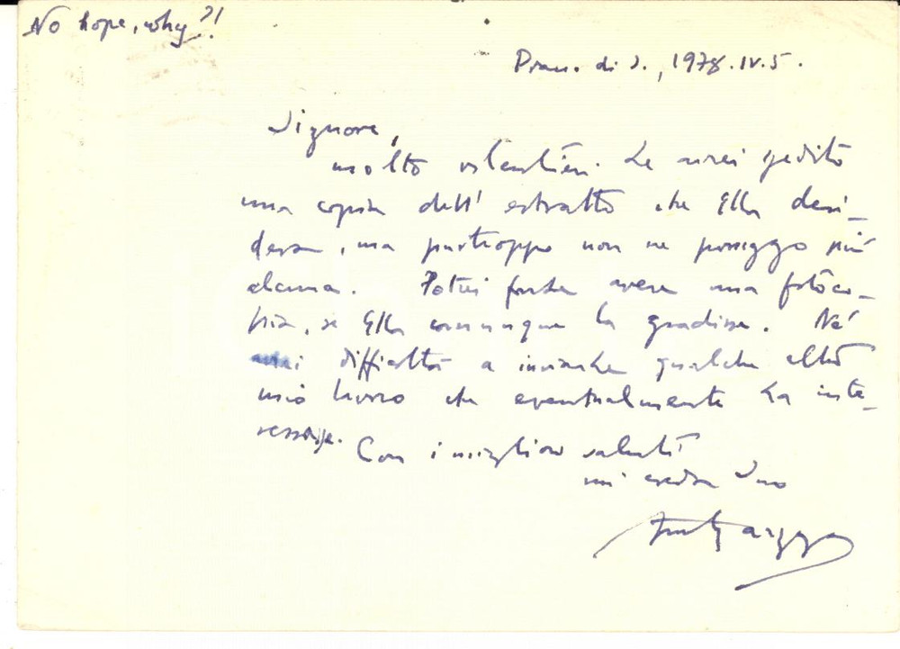 1978 PIANO DI SORRENTO Cartolina Antonio GARZYA  per estratto - AUTOGRAFO