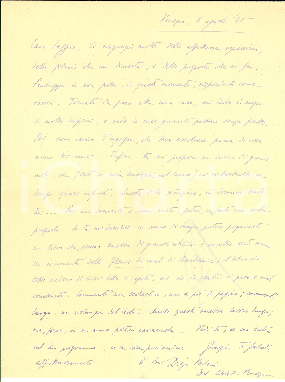 1945 VENEZIA Poeta Diego VALERI oberato di impegni - Lettera AUTOGRAFA