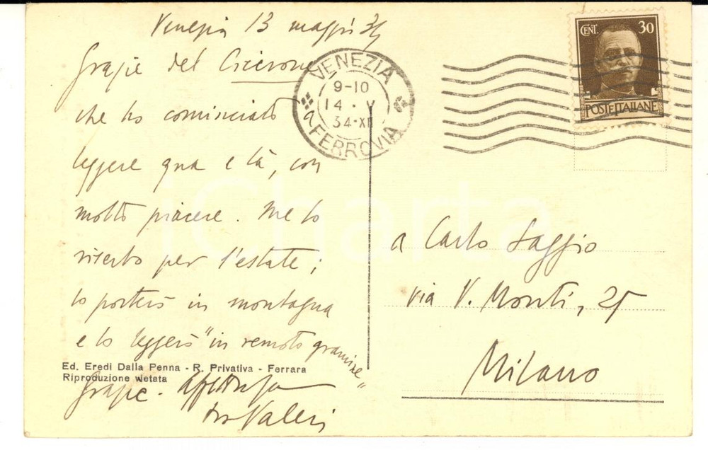 1934 VENEZIA Poeta Diego VALERI ringrazia per un libro - Cartolina AUTOGRAFA