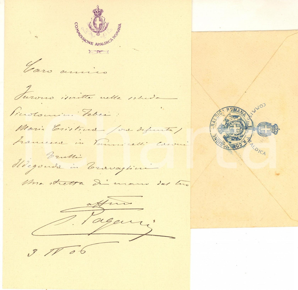 1906 ROMA Carlo PAGANI PLANCA INCORONATI - Commissione Araldica - AUTOGRAFO