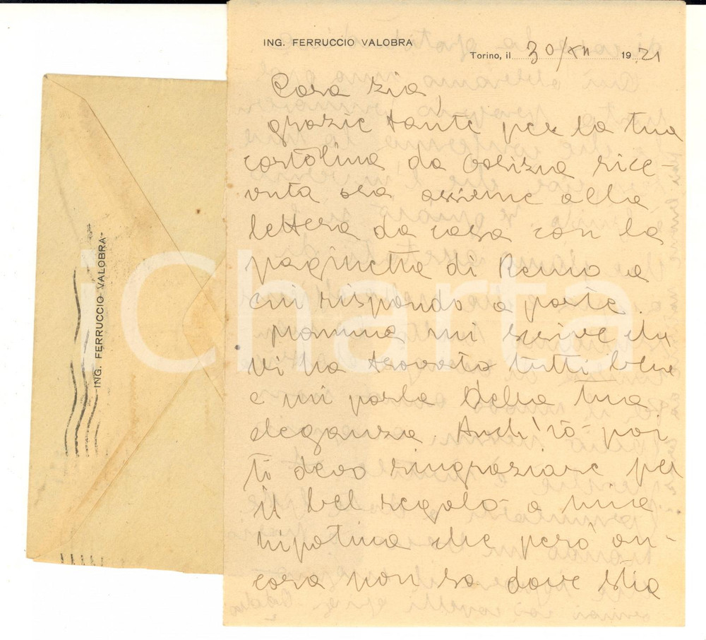 1921 TORINO Lettera ing. Ferruccio VALOBRA alla zia Vally MAGNAGO - AUTOGRAFO