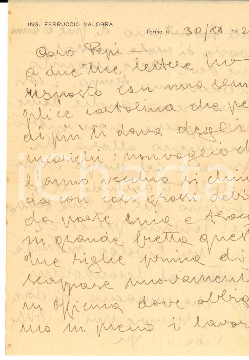 1921 TORINO Lettera ing. Ferruccio VALOBRA al cugino Pepi - AUTOGRAFO Lettera autografa dell'ingegnere e futuro comandante partigiano Ferruccio Valobra. CONDIZIONI: G (ma piegature d'epoca)PAGINE: 1 (2 facciate)    originale e autentica 1