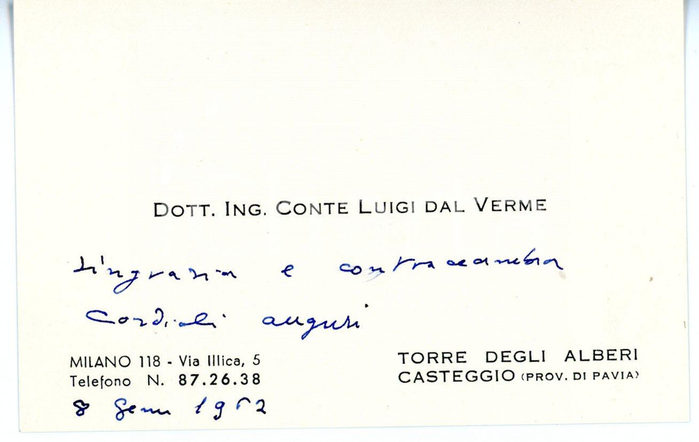 1962 TORRE DEGLI ALBERI Conte Luigi DAL VERME - Biglietto da visita AUTOGRAFO