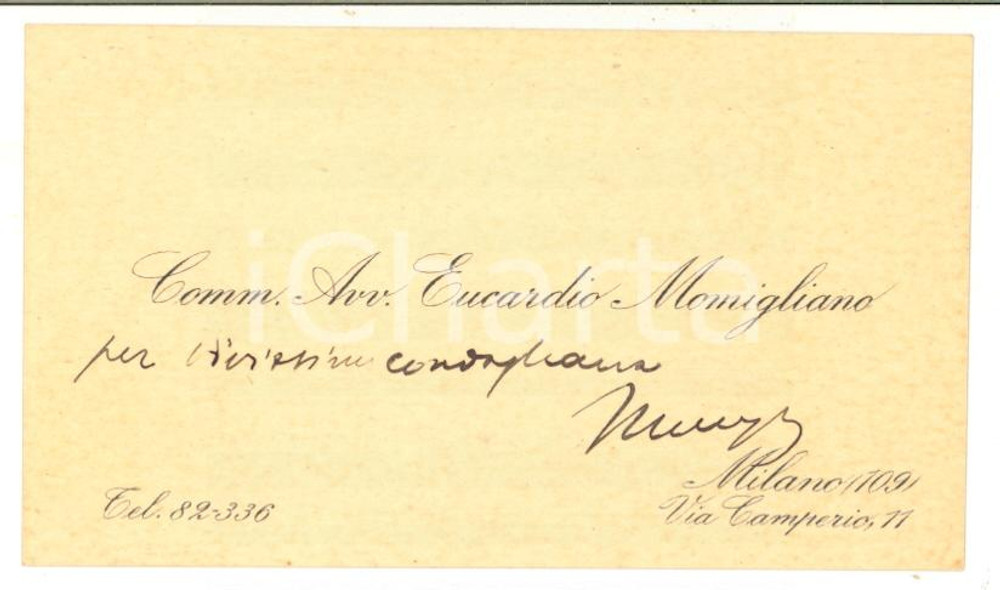1930 ca MILANO Avvocato Eucardio MOMIGLIANO Biglietto di condoglianze AUTOGRAFO