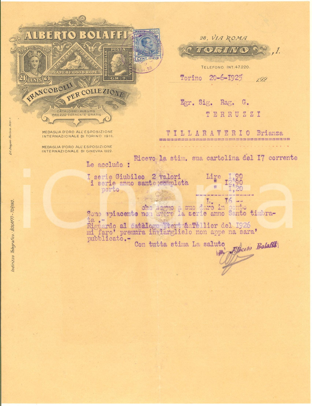 1925 TORINO Lettera ditta Alberto BOLAFFI Francobolli - AUTOGRAFO