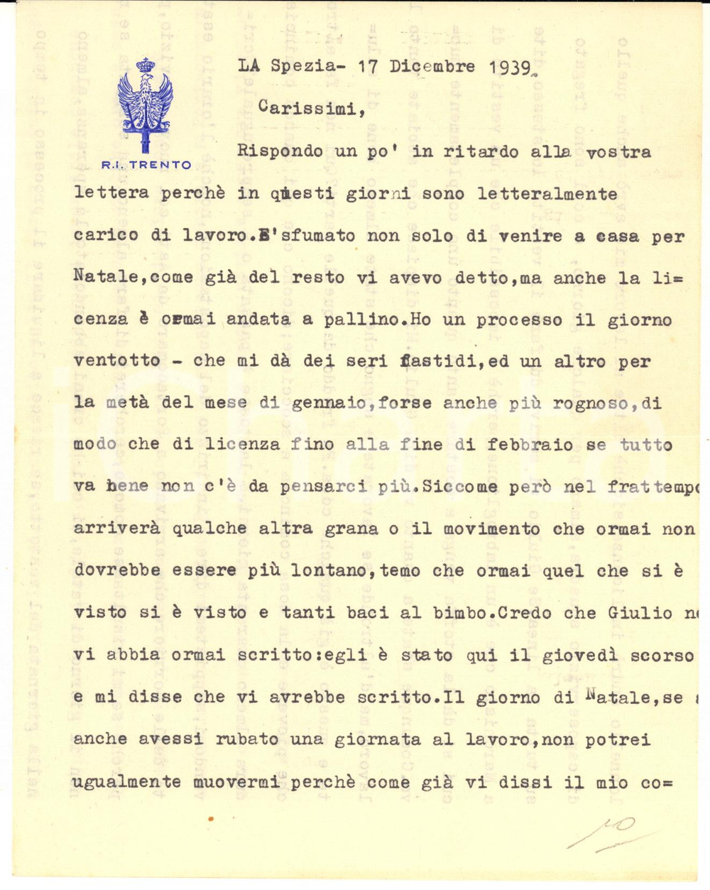 1939 LA SPEZIA Regio Incrociatore TRENTO - Lettera di un marinaio a processo