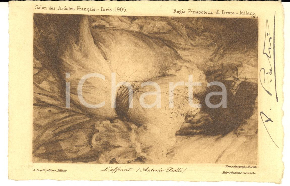 1920 ca Pittore Antonio PIATTI "L'affront" - Cartolina postale con AUTOGRAFO