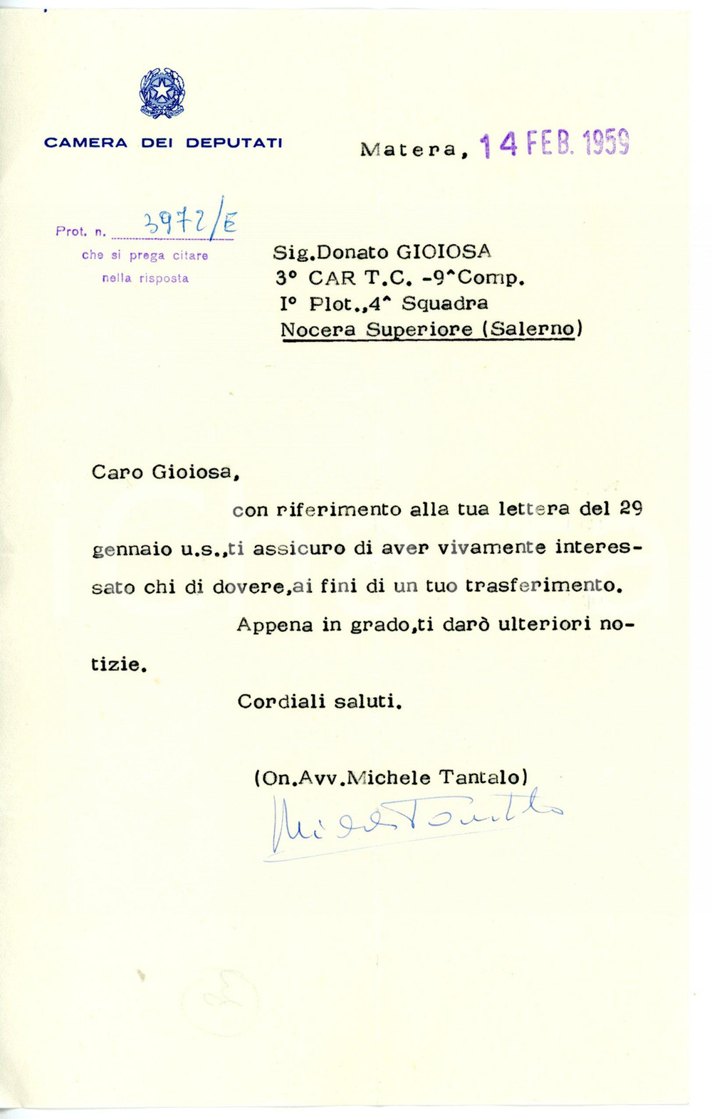 1959 MATERA Lettera on. Michele TANTALO per raccomandazione - AUTOGRAFO