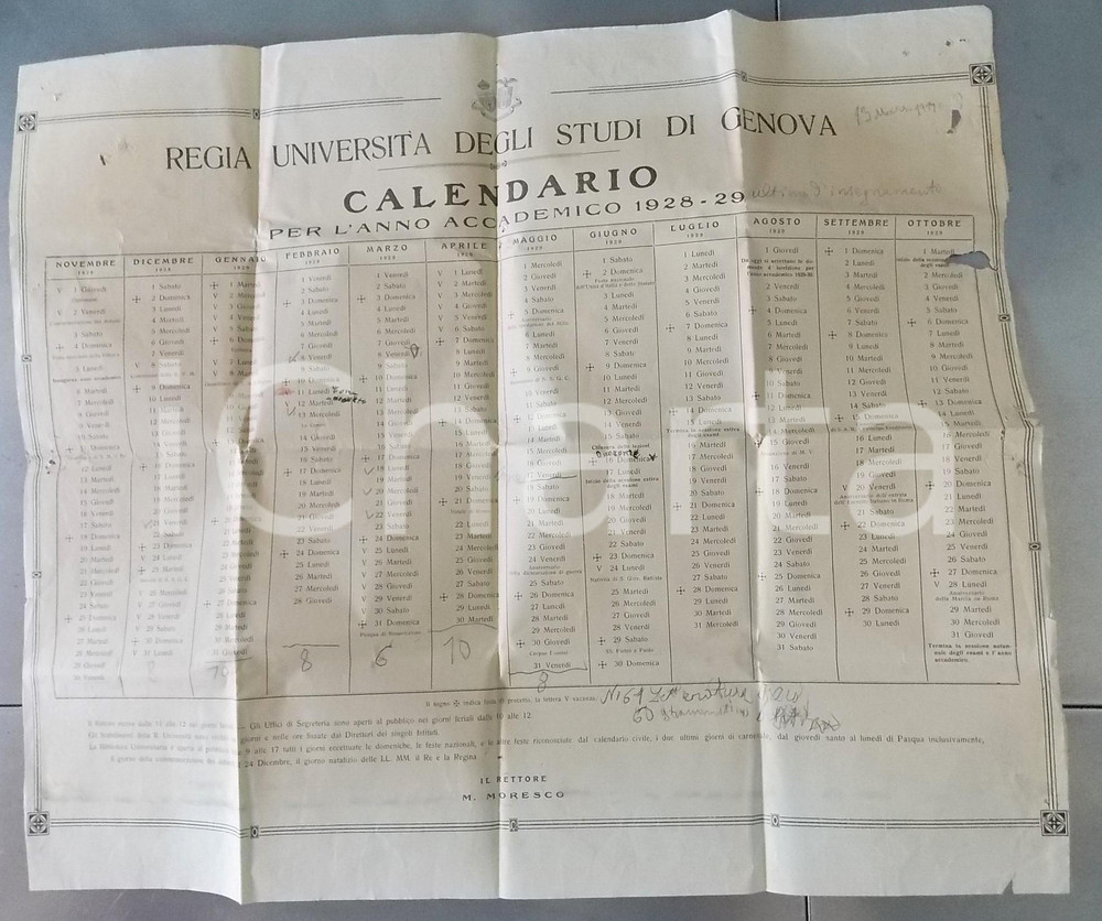 1928-29 Regia Università di GENOVA - Calendario anno accademico - DANNEGGIATO