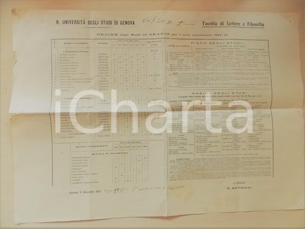 1914 Università di GENOVA - Facoltà di Lettere - Orario anno accademico 49x35 cm