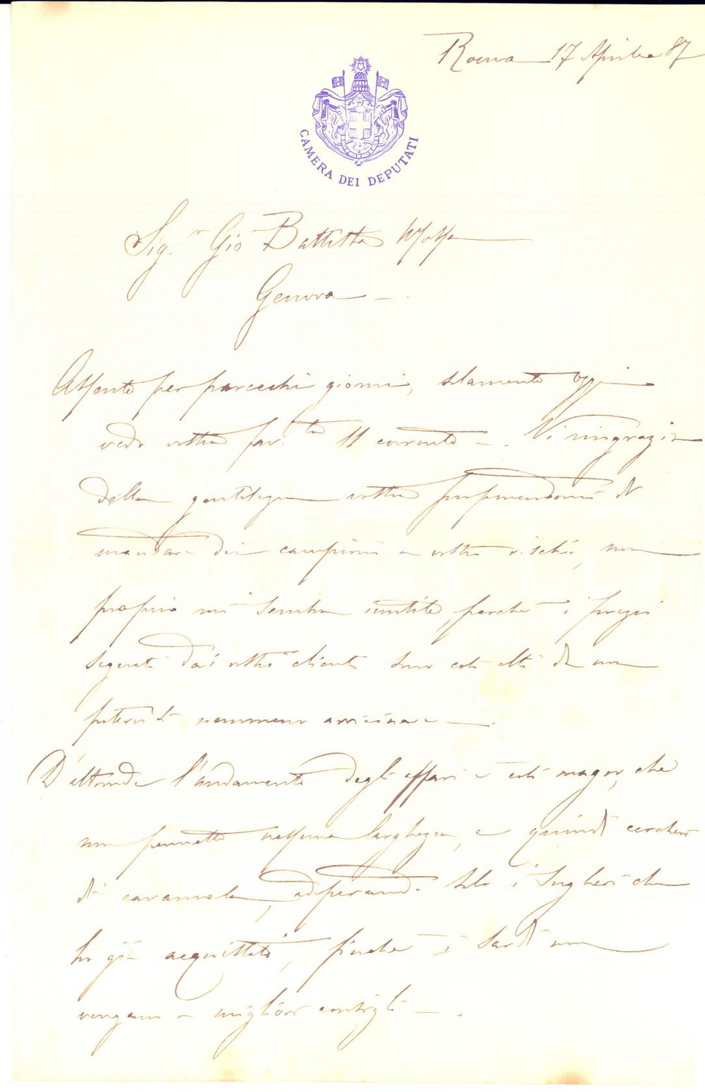 1887 ROMA Giulio PRINETTI e il magro andamento degli affari - AUTOGRAFO