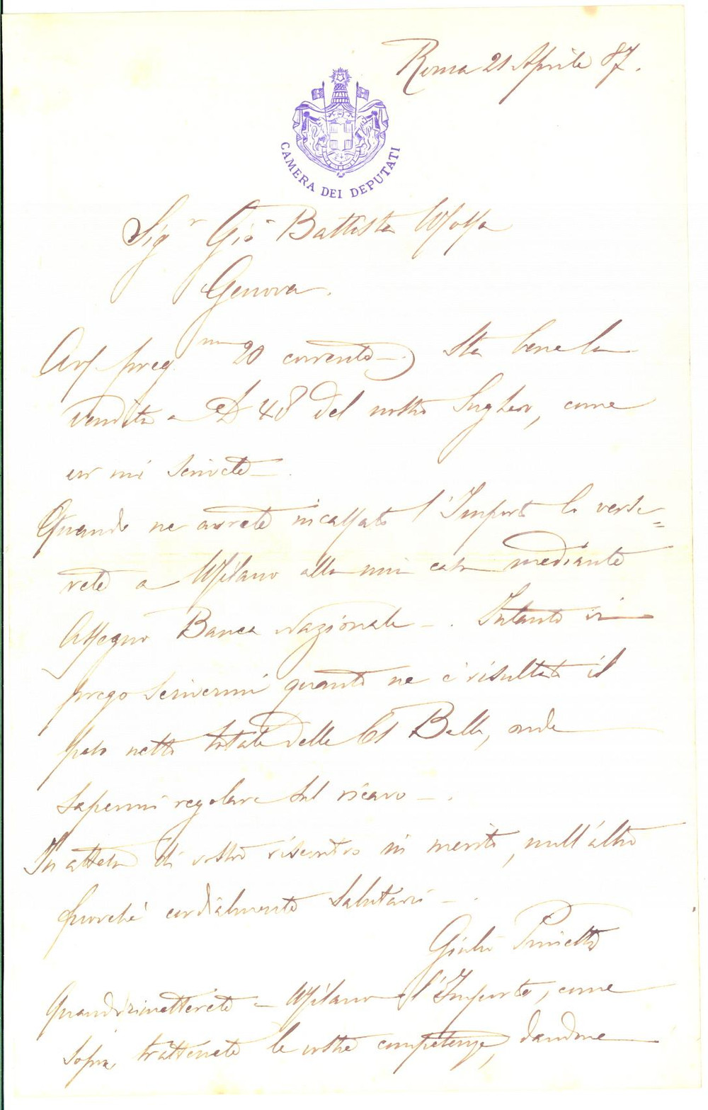 1887 ROMA Lettera Giulio PRINETTI per una vendita di sughero - AUTOGRAFO