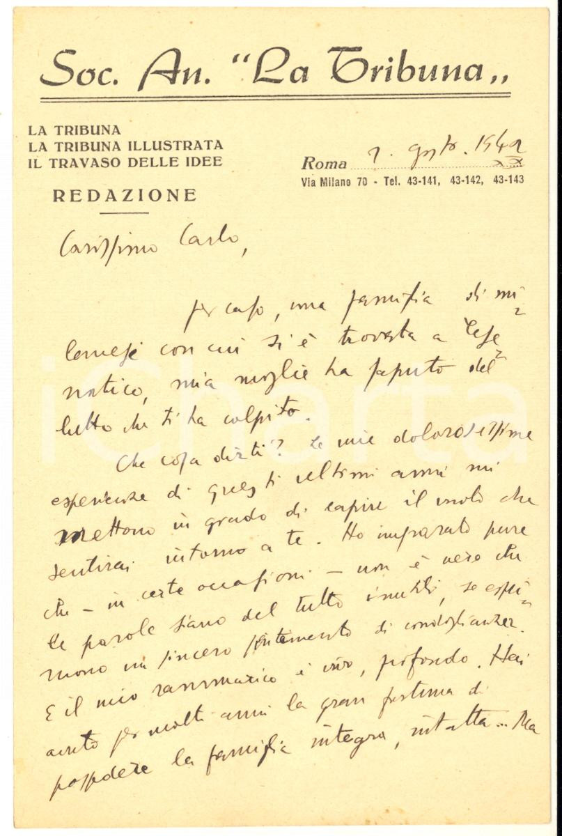 1942 ROMA - LA TRIBUNA - Cartolina Walter VACCARI per condoglianze - AUTOGRAFO