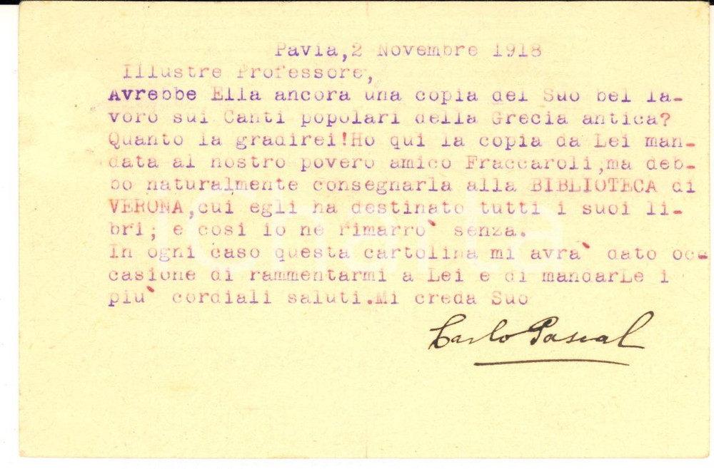 1918 PAVIA Cartolina Carlo PASCAL con richiesta di un libro - AUTOGRAFO