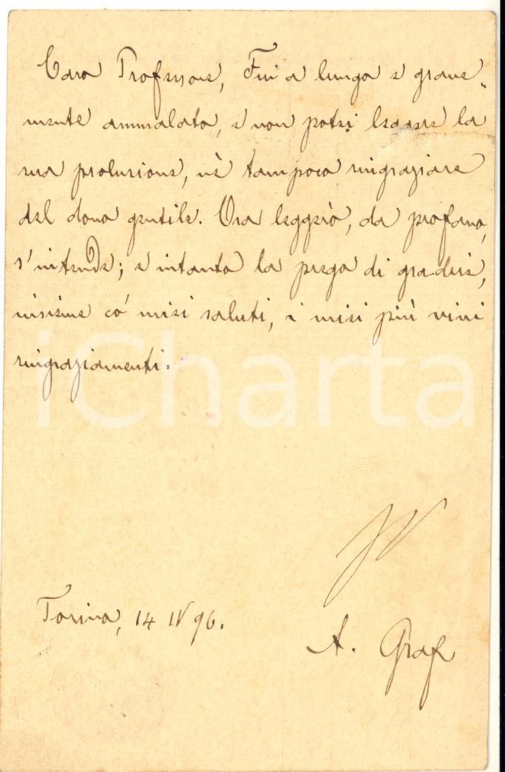 1896 TORINO Arturo GRAF ringrazia per pubblicazione - Cartolina AUTOGRAFA