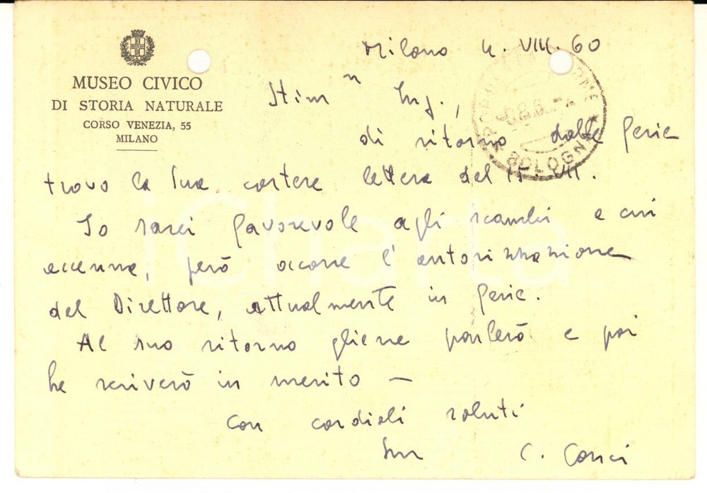 1960 MILANO Museo Storia Naturale - Cartolina Cesare CONCI - AUTOGRAFO