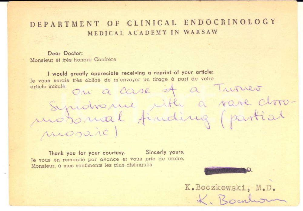 1967 WARSAW Clinical Endocrinology - Krzysztof BOCZKOWSKI Postcard - AUTOGRAPH