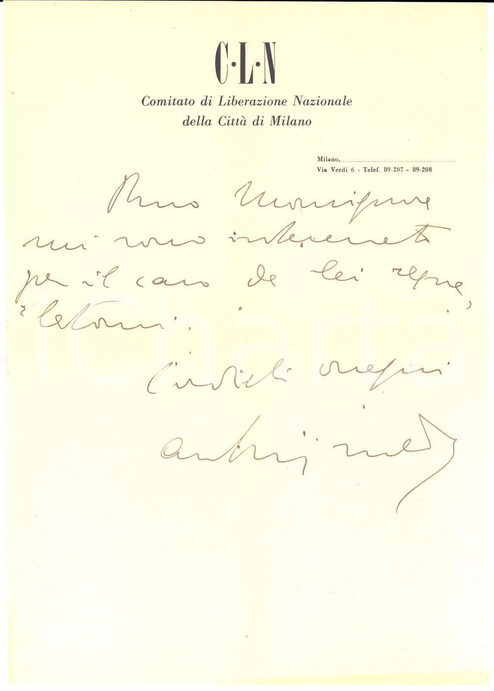 1945 CLN MILANO Lettera a mons. Faustino GIANANI per intercessione