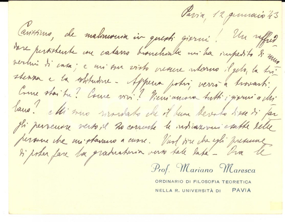 1943 PAVIA Biglietto Mariano MARESCA pro candidate concorso - AUTOGRAFO