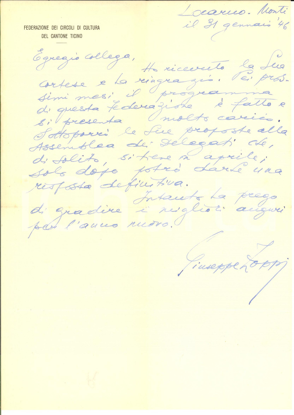 1946 LOCARNO Lettera scrittore Giuseppe ZOPPI a un collega - AUTOGRAFO