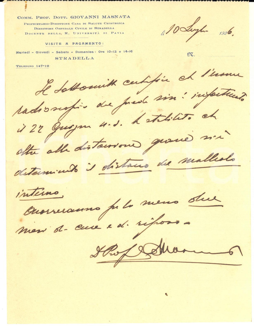 1926 STRADELLA Diagnosi prof. Giovanni MASNATA per paziente - AUTOGRAFO