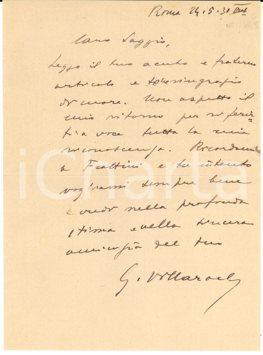 1930 ROMA Lettera Giuseppe VILLAROEL per recensione ricevuta - AUTOGRAFO