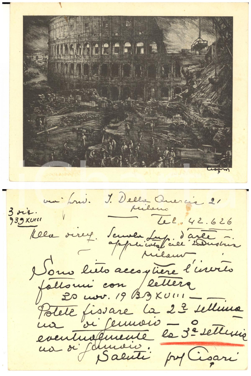 1939 MILANO Giulio CISARI ringrazia per invito - Biglietto AUTOGRAFO DANNEGGIATO