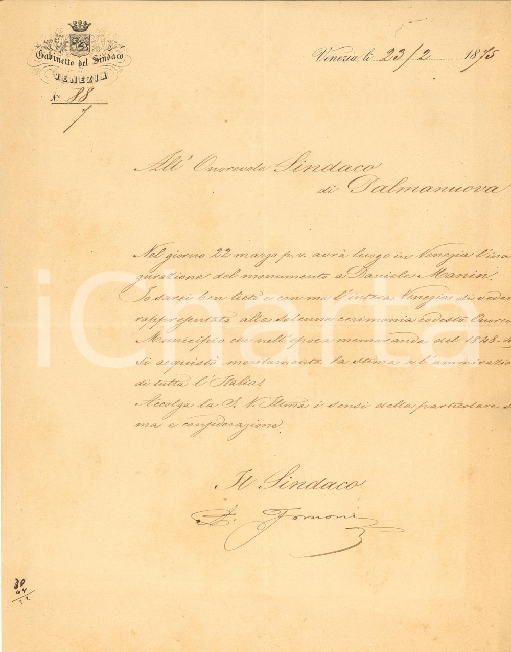 1875 VENEZIA Lettera Antonio FORNONI per inaugurazione monumento - AUTOGRAFO