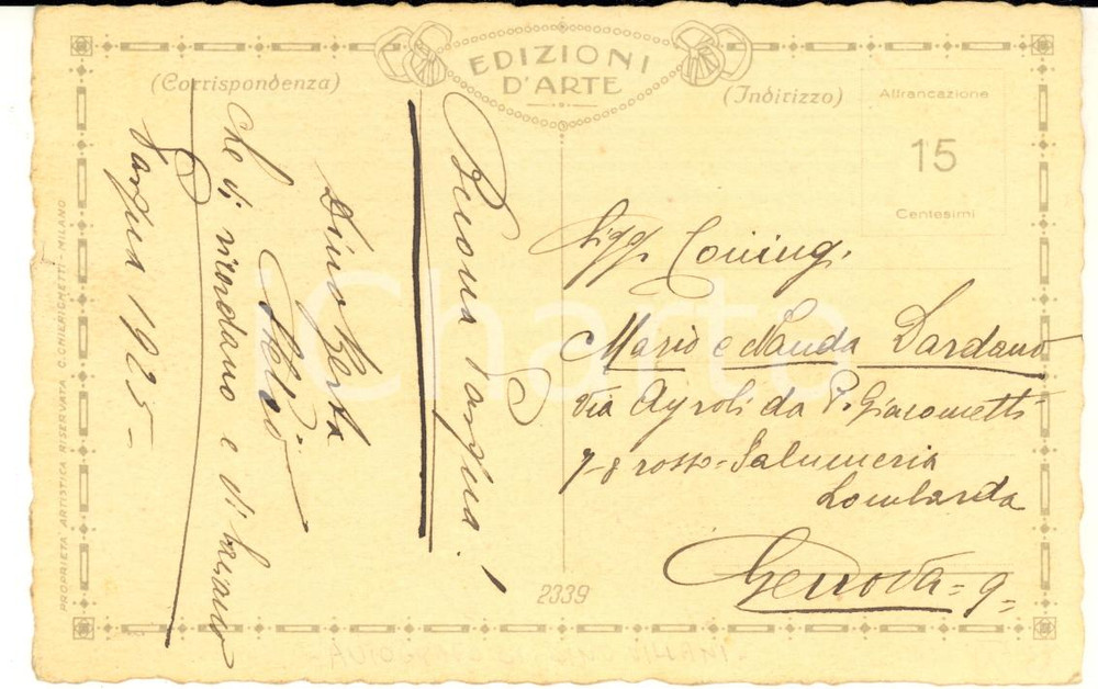 1925 Pittore Dino VILLANI - Cartolina con auguri Pasqua - AUTOGRAFO