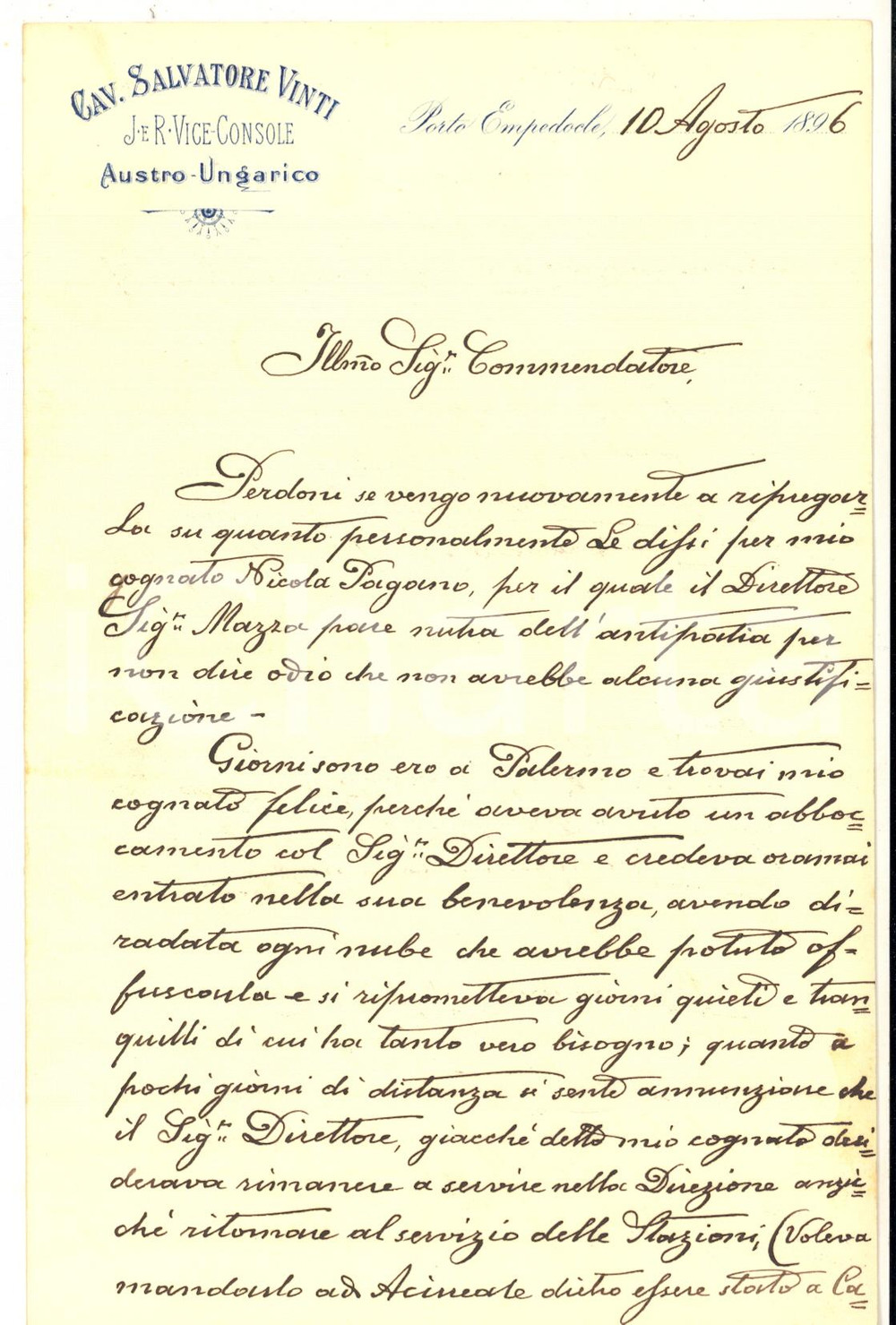 1896 PORTO EMPEDOCLE Lettera cav. Salvatore VINTI pro cognato - AUTOGRAFO