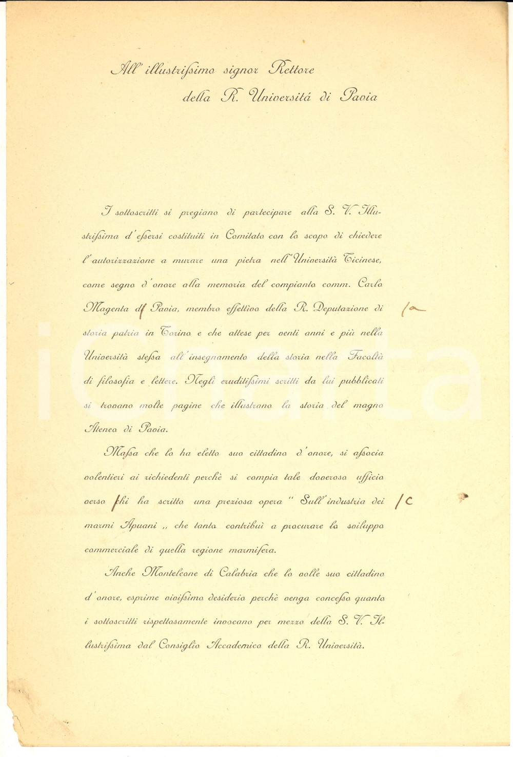 1901 PAVIA Lettera Comitato onoranze a Carlo MAGENTA presso Università Ticinese