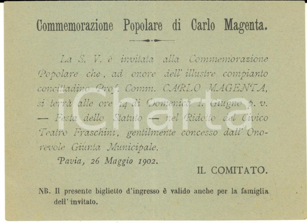 1902 PAVIA Commemorazione popolare Carlo MAGENTA - Biglietto d'ingresso