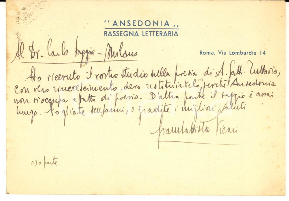1940 ROMA ANSEDONIA Biglietto Giambattista VICARI per pubblicazione - AUTOGRAFO