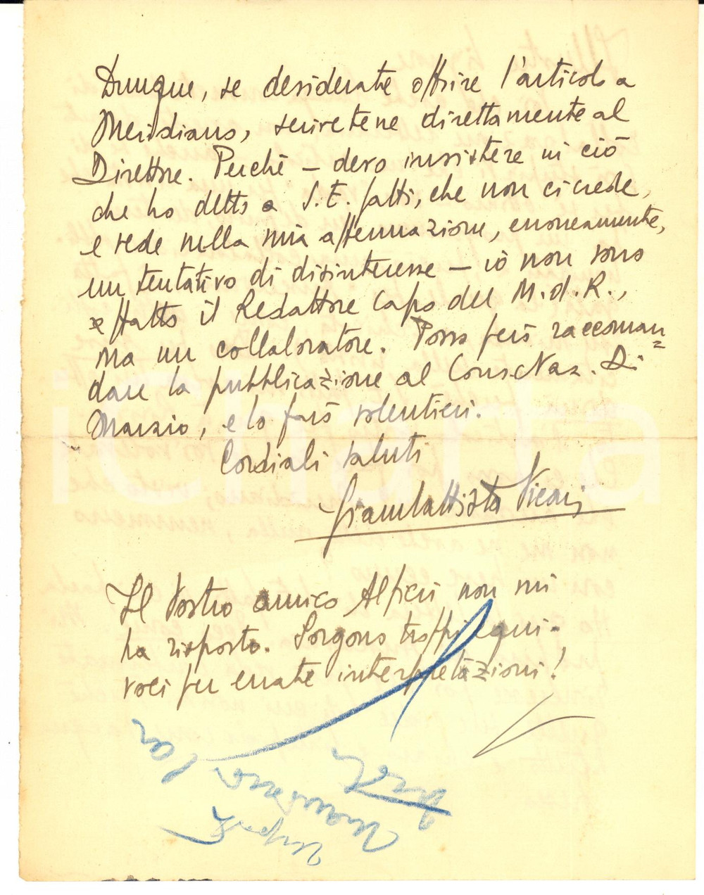 1940 ca ROMA Lettera Giambattista VICARI per pubblicazione respinta - AUTOGRAFO