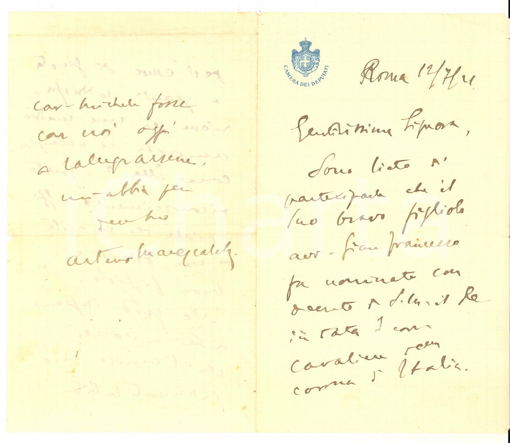 1921 ROMA Lettera on. Arturo MARESCALCHI per nomina cavaliere - AUTOGRAFO