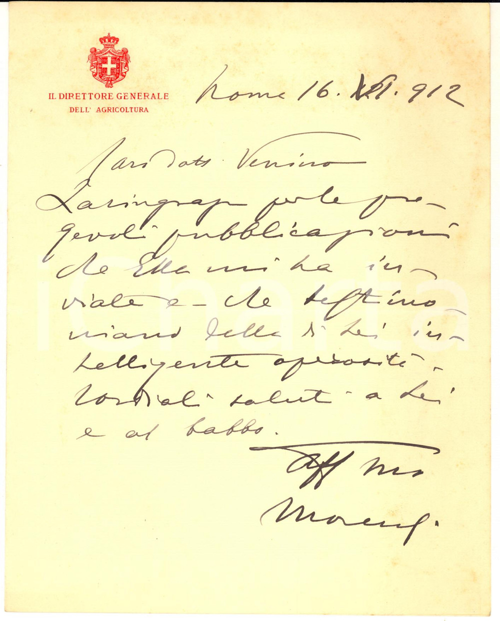 1912 ROMA Lettera Arturo MARESCALCHI per ringraziamento - AUTOGRAFO