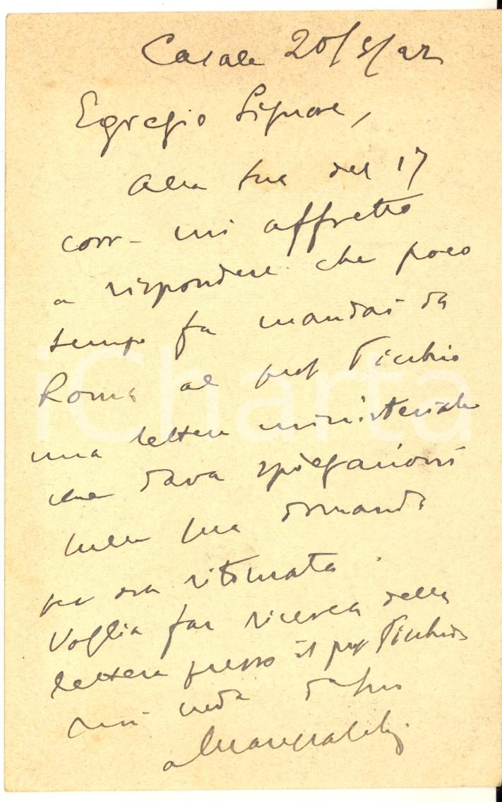 1922 CASALE MONFERRATO Cartolina Arturo MARESCALCHI a Carlo Torielli - AUTOGRAFO