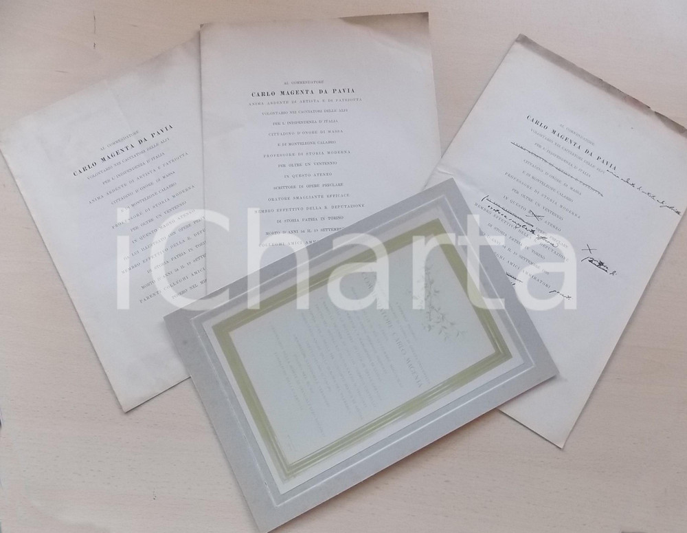1902 PAVIA Onoranze a Carlo MAGENTA - Bozze per epigrafe e foto lapide - RARO