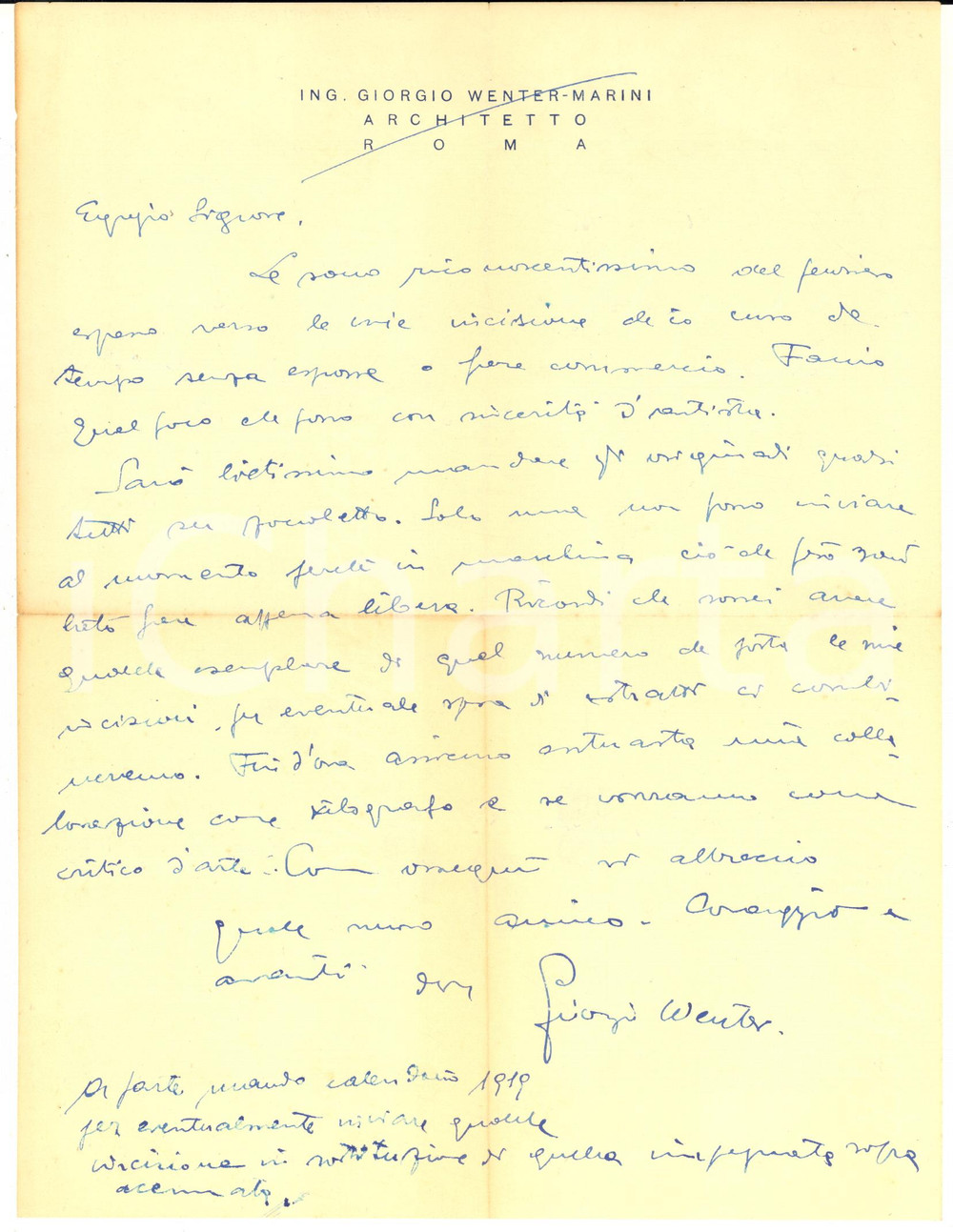1918 Giorgio WENTER MARINI "Faccio quel poco con sincerità d'artista" Autografo