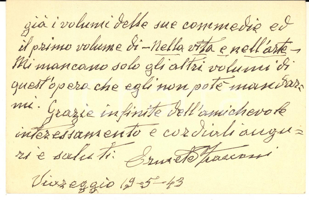 1943 VIAREGGIO Ermete ZACCONI ringrazia per libri ricevuti - Biglietto AUTOGRAFO Biglietto d'epoca, interamente autografo.Scritto su due facciate.CONDIZIONI: POOR (piegatura verticale)FORMATO: 17x11 cm     originale e autentica 1