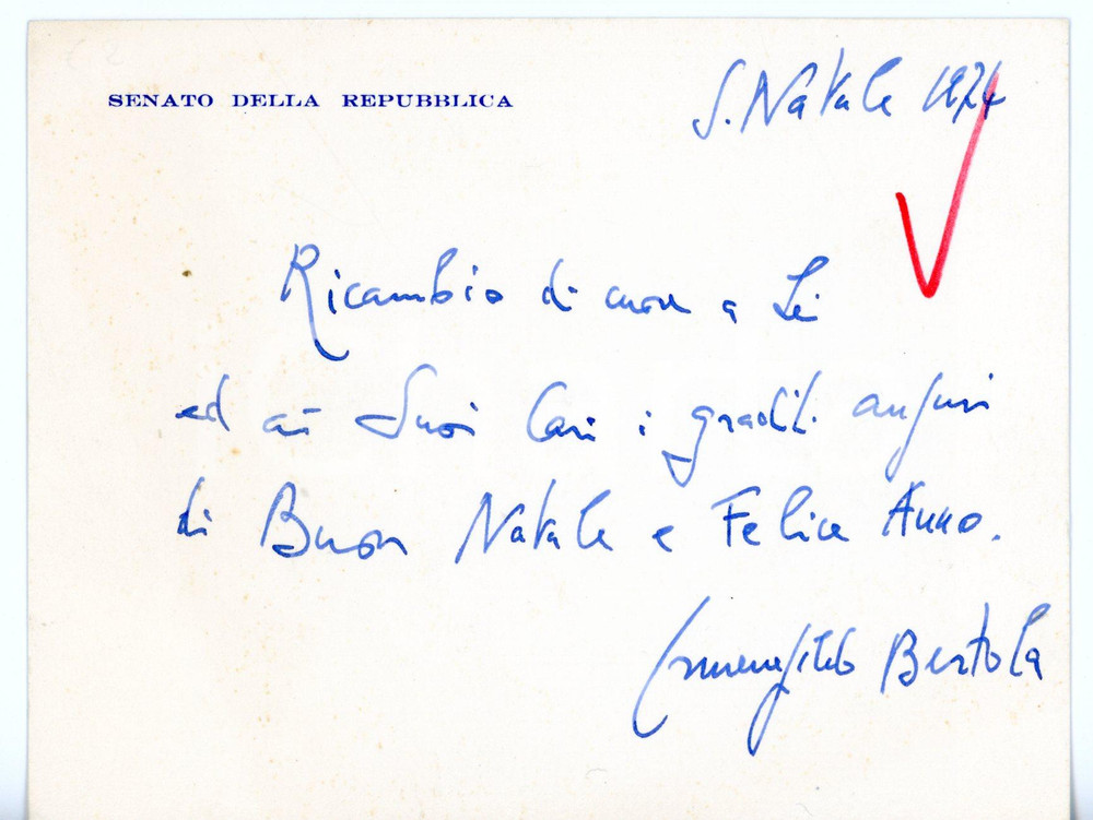 1974 ROMA - DC On. Ermenegildo BERTOLA *Biglietto di auguri AUTOGRAFO