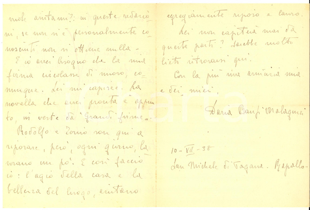 1938 RAPALLO Daria BANFI MALAGUZZI chiede aiuto per pubblicare - AUTOGRAFO