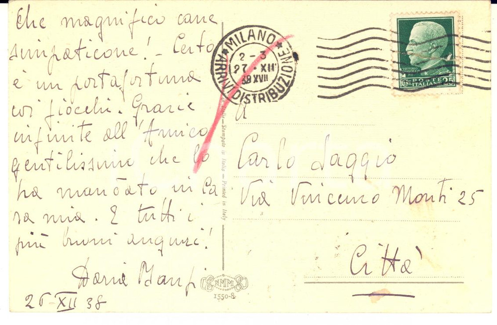 1938 MILANO Cartolina contessa Daria BANFI MALAGUZZI per auguri - AUTOGRAFO