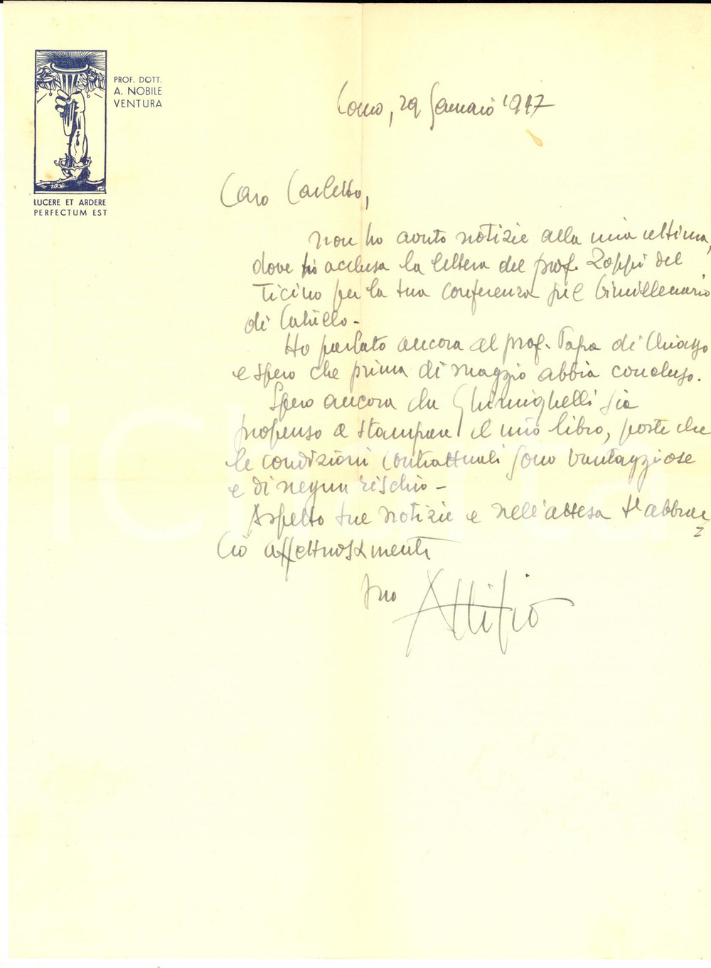 1947 COMO Lettera Attilio NOBILE VENTURA per pubblicazione - AUTOGRAFO
