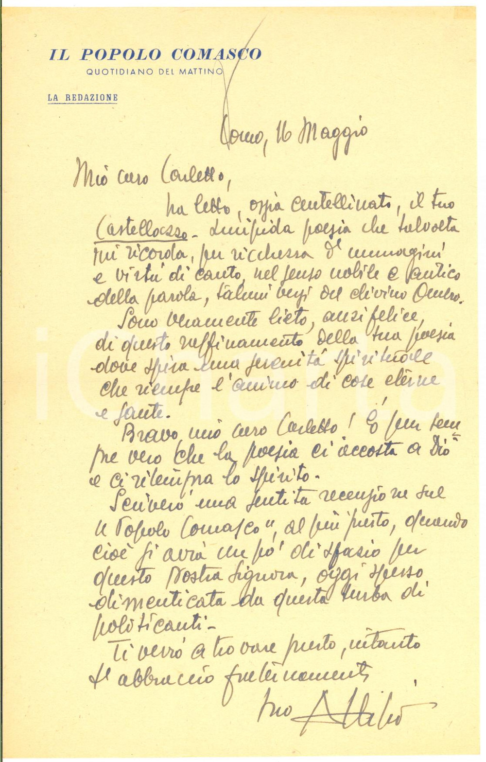 1950 ca COMO Attilio NOBILE VENTURA "La poesia ci accosta a Dio" - AUTOGRAFO