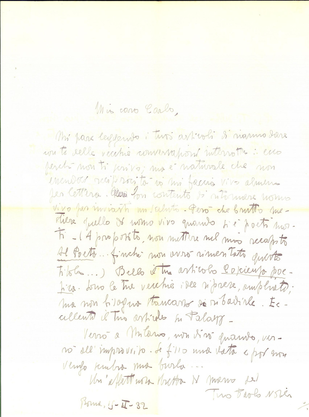 1932 ROMA Lettera Paolo NOBILE "Uomo vivo e poeta morto" - AUTOGRAFO