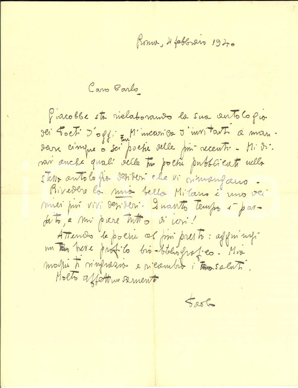1940 ROMA Paolo NOBILE chiede poesie per un'antologia a un collega - AUTOGRAFO